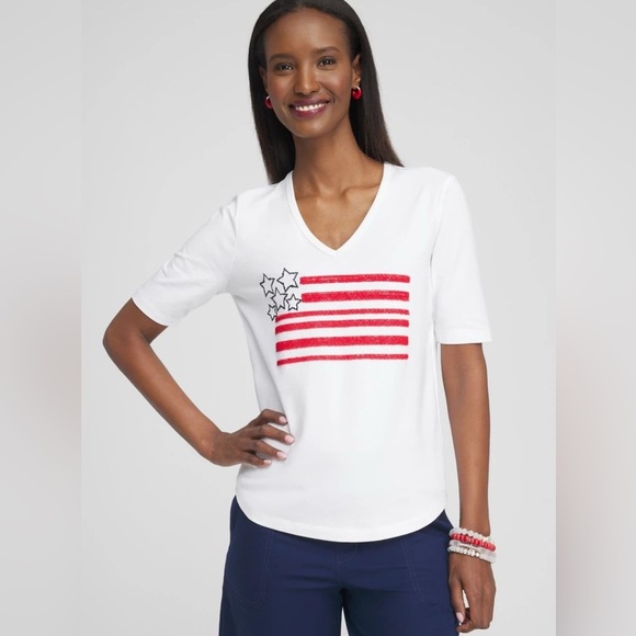 Chico's Womens Tee T-Shirt Top Size XL Red Embellished American Flag V-Neck - Picture 1 of 11